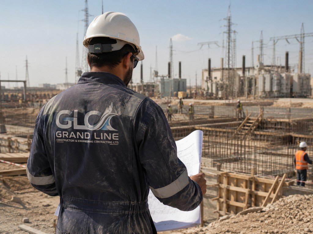 Grand Line engineer reviewing drawings at an industrial construction site